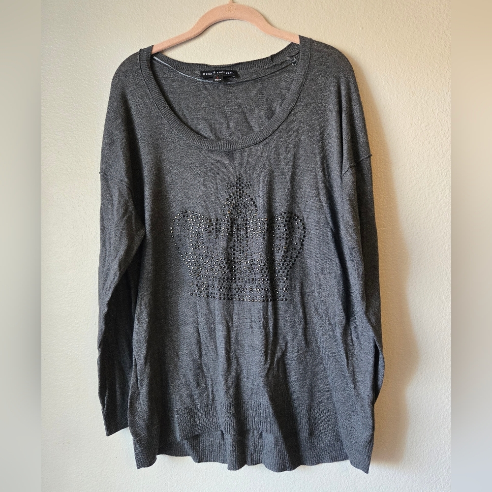 Rock & Republic Charcoal Gray Crown Rhinestone Sweatshirt, Size L